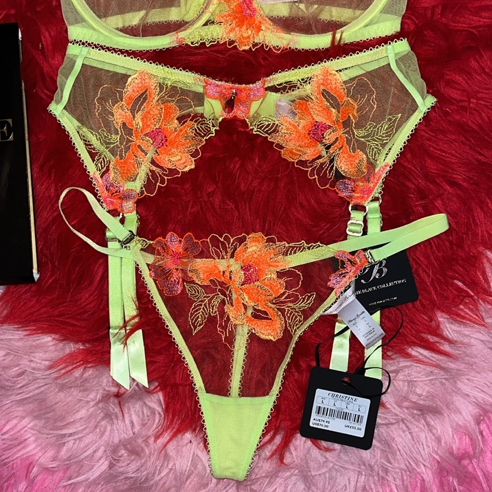 Honey birdette Christine 4pc neon 34D medium garter large thong medium stockings - Picture 7 of 11
